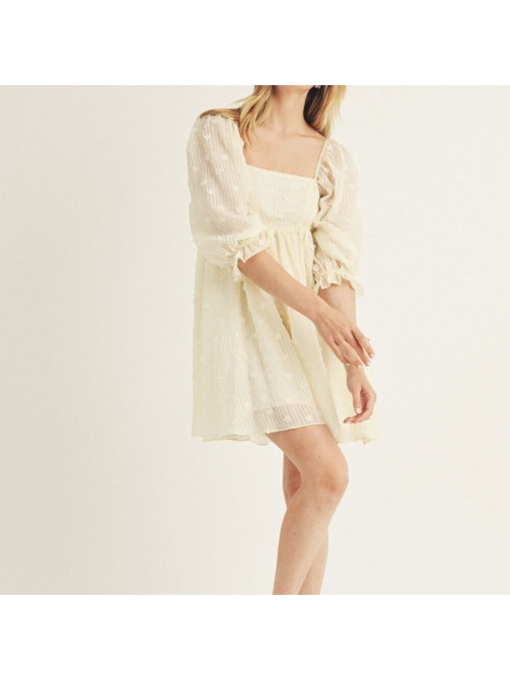 STORIA Baby Breath Baby Doll Cream Floral Appliqué Puff Sleeves Mini Dress NWT M - Picture 7 of 10
